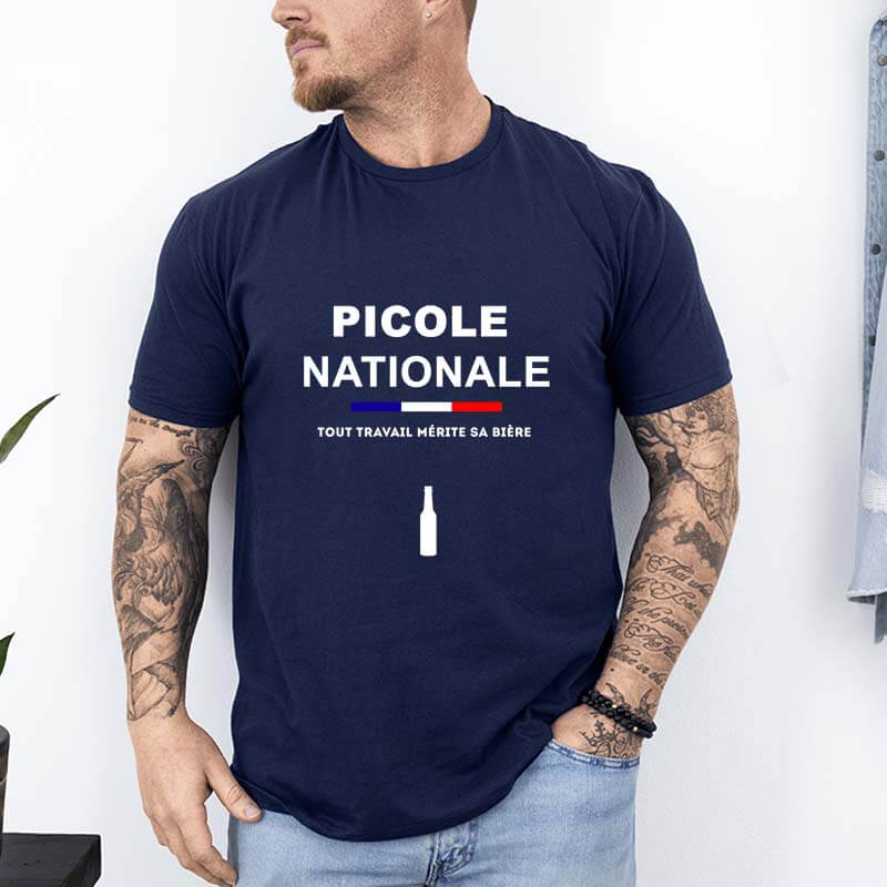 t shirt tout travail merite sa biere biere avant bleu marine