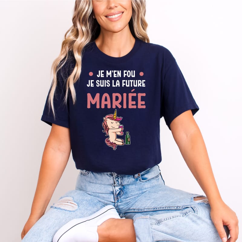 T shirt evjf licorne future mariee alcool bleu marine