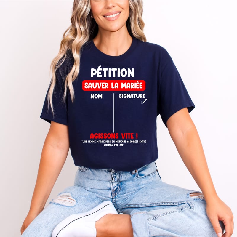 T shirt evjf petition sauver la mariee bleu marine