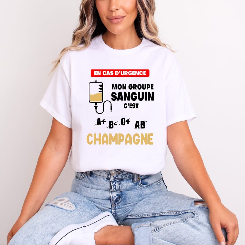 T shirt Mon groupe sanguin champagne femme blanc