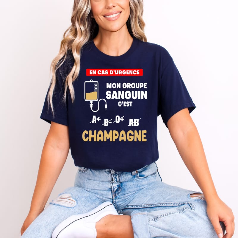 T shirt Mon groupe sanguin champagne femme bleu marine T shirt Mon groupe sanguin champagne femme bleu marine
