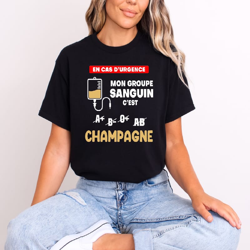 T shirt Mon groupe sanguin champagne femme noir