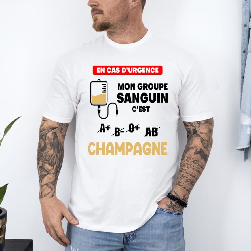 T shirt Mon groupe sanguin champagne homme blanc