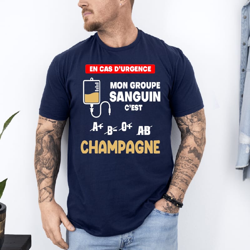 T shirt Mon groupe sanguin champagne homme bleu marine
