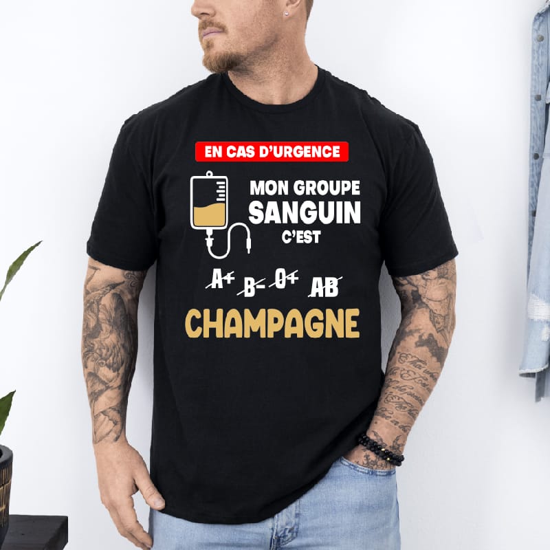 T shirt Mon groupe sanguin champagne homme noir
