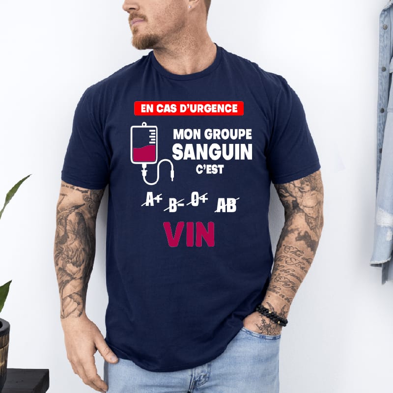 T shirt Mon groupe sanguin vin bleu marine