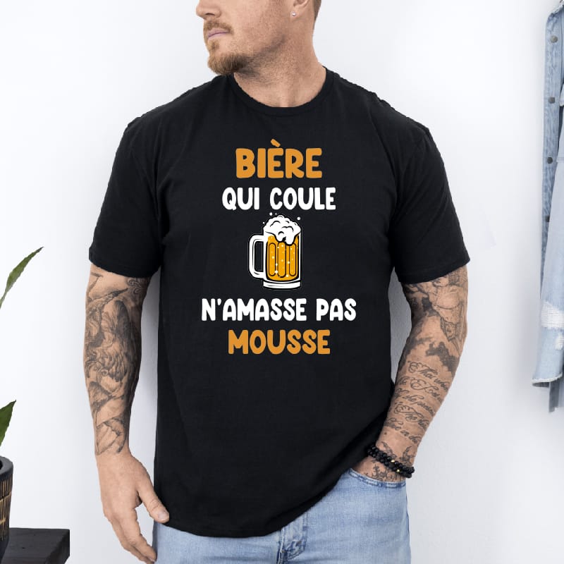 T shirt bière qui coule n'amasse pas mousse noir