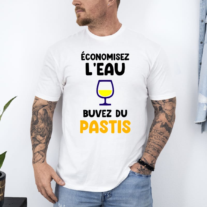 T shirt économisez l'eau buvez pastis blanc