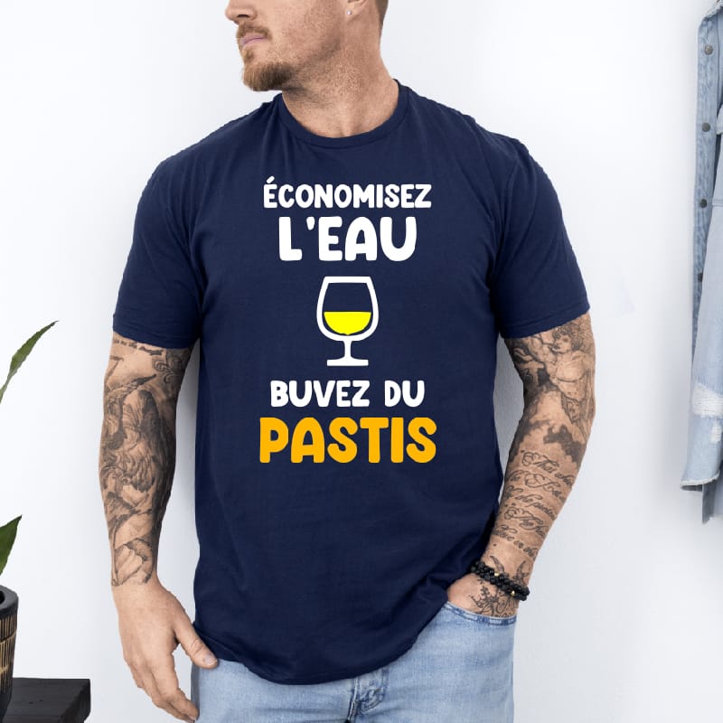 T shirt économisez l'eau buvez pastis bleu marine