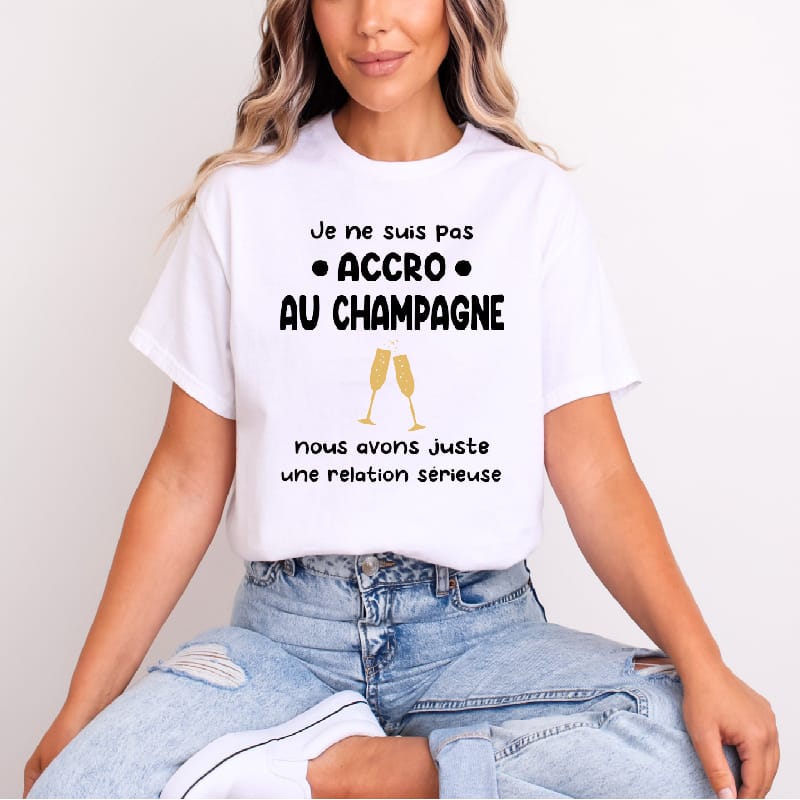 T shirt je ne suis pas accro au champagne femme blanc