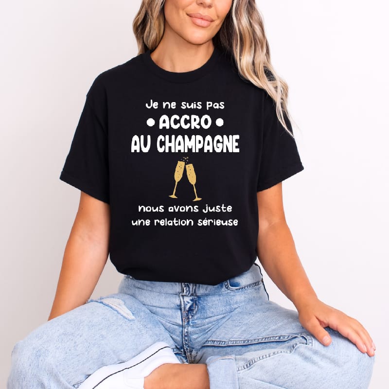 T shirt je ne suis pas accro au champagne femme noir