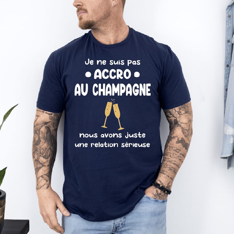 T shirt je ne suis pas accro au champagne homme bleu marine