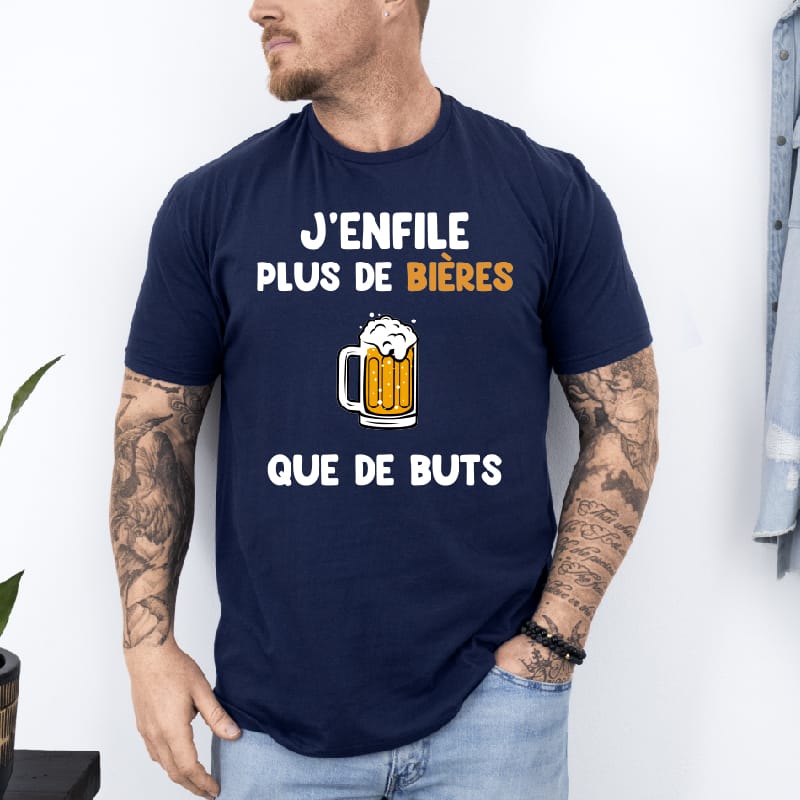 T shirt j'enfile plus de bières que de buts bleu marine