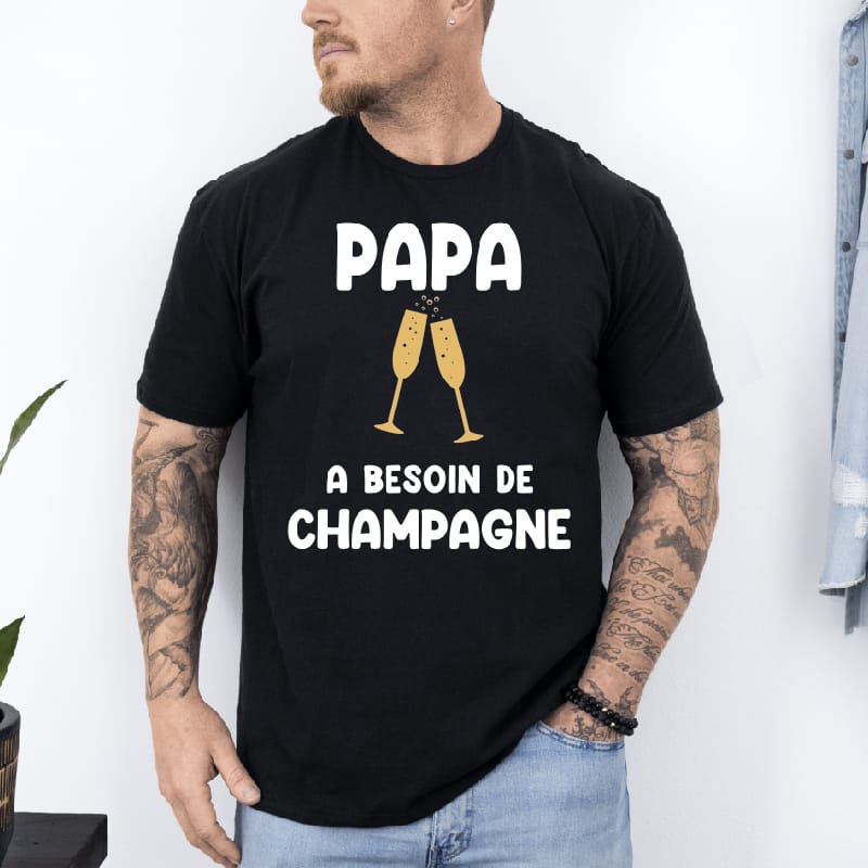 T shirt papa a besoin de champagne homme noir