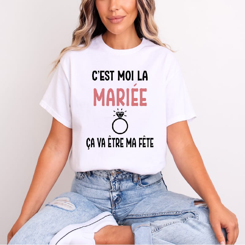 t shirt c'est moi la mariée ça va être ma fête blanc