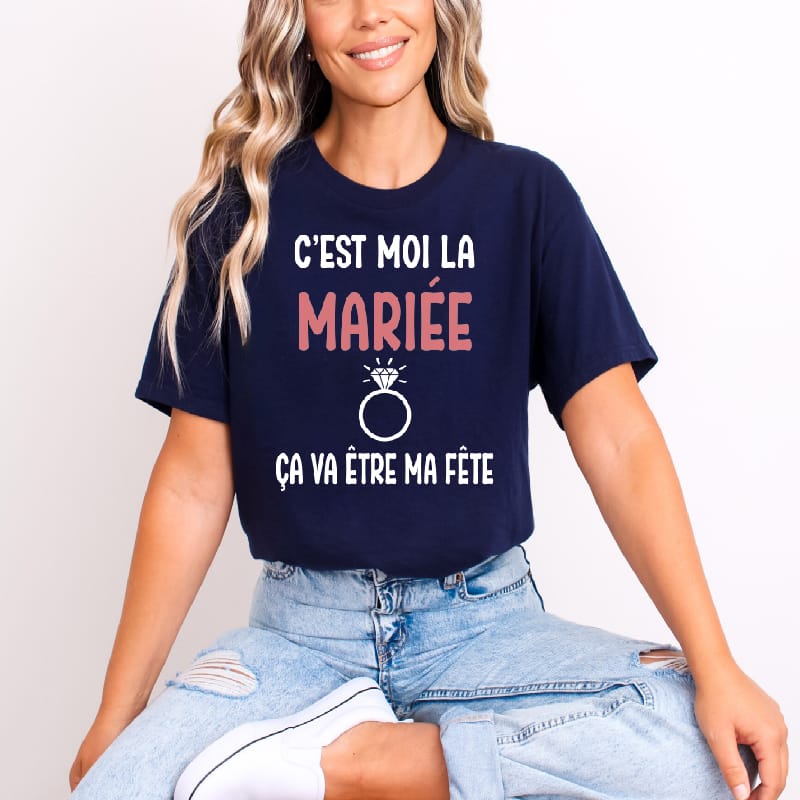t shirt c'est moi la mariée ça va être ma fête bleu marine