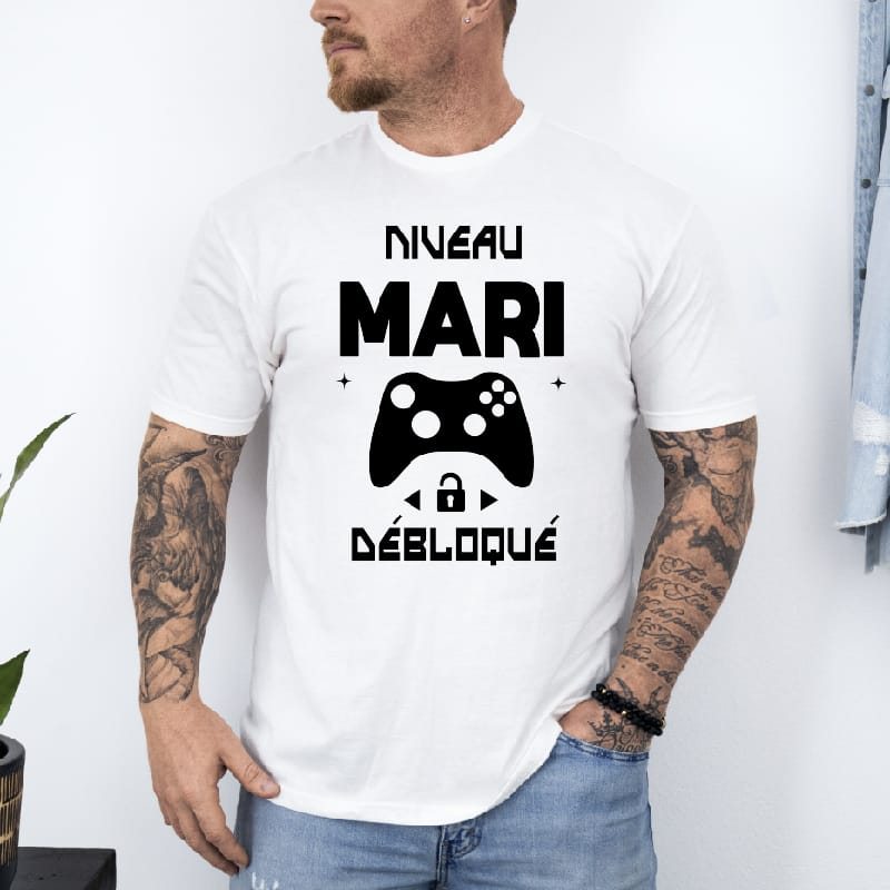 t shirt niveau mari débloqué geek gaming blanc