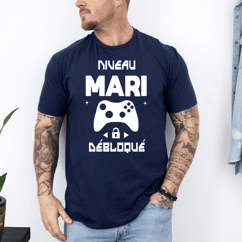 t shirt niveau mari débloqué geek gaming bleu marine