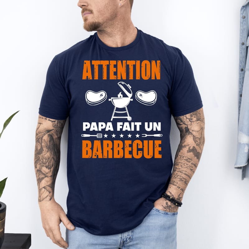 T shirt attention papa fait barbecue bleu marine T shirt attention papa fait barbecue bleu marine
