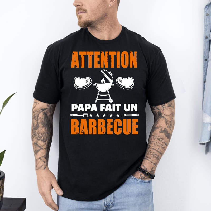 T shirt attention papa fait barbecue noir
