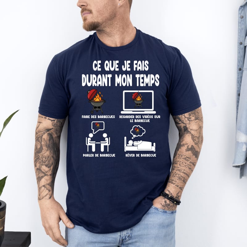 T shirt barbecue ce que je fais de mon temps libre bleu marine