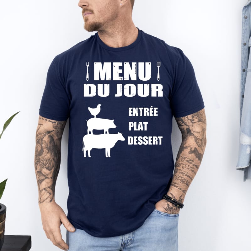 T shirt barbecue menu du jour poulet porc boeuf bleu marine