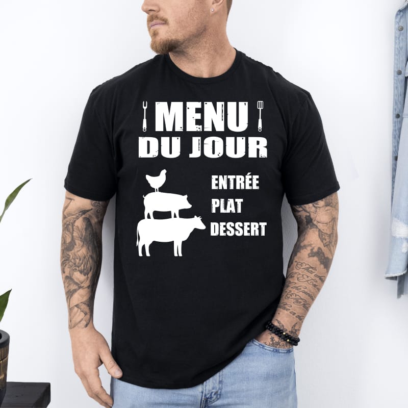 T shirt barbecue menu du jour poulet porc boeuf noir T shirt barbecue menu du jour poulet porc boeuf noir