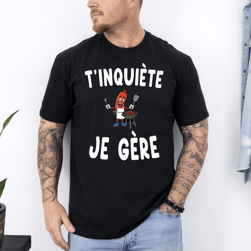 T shirt barbecue t’inquiète je gère noir T shirt barbecue t'inquiète je gère noir