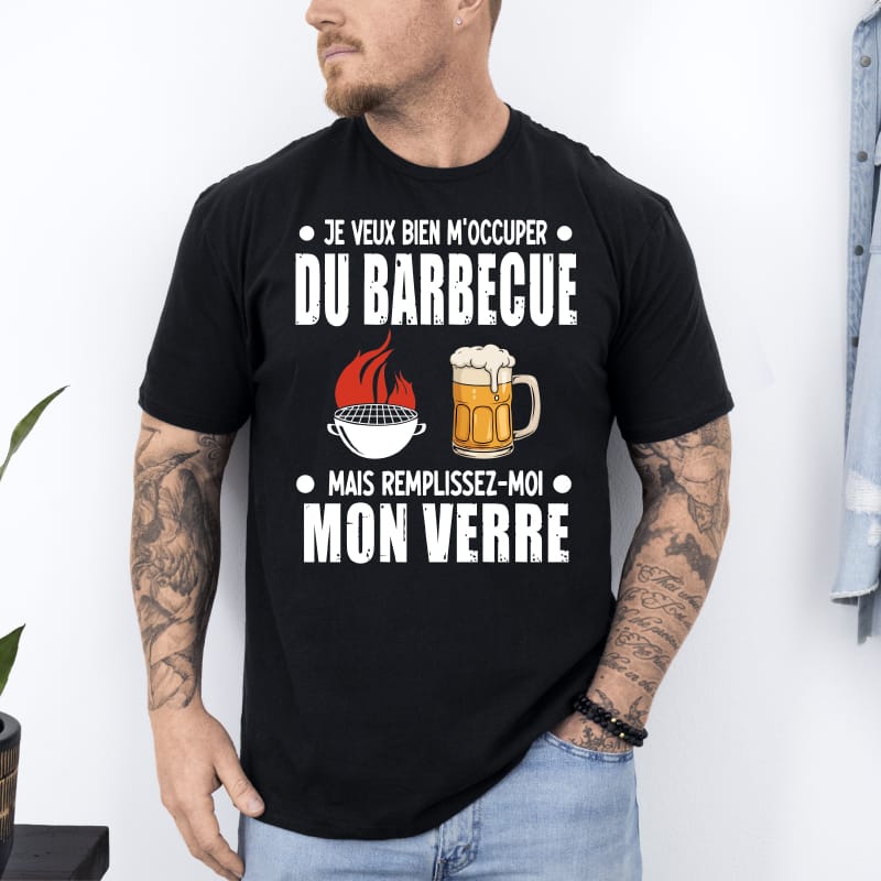 T shirt je veux bien m’occuper barbecue bbq mais remplissez mon verre noir T shirt je veux bien m'occuper barbecue bbq mais remplissez mon verre noir