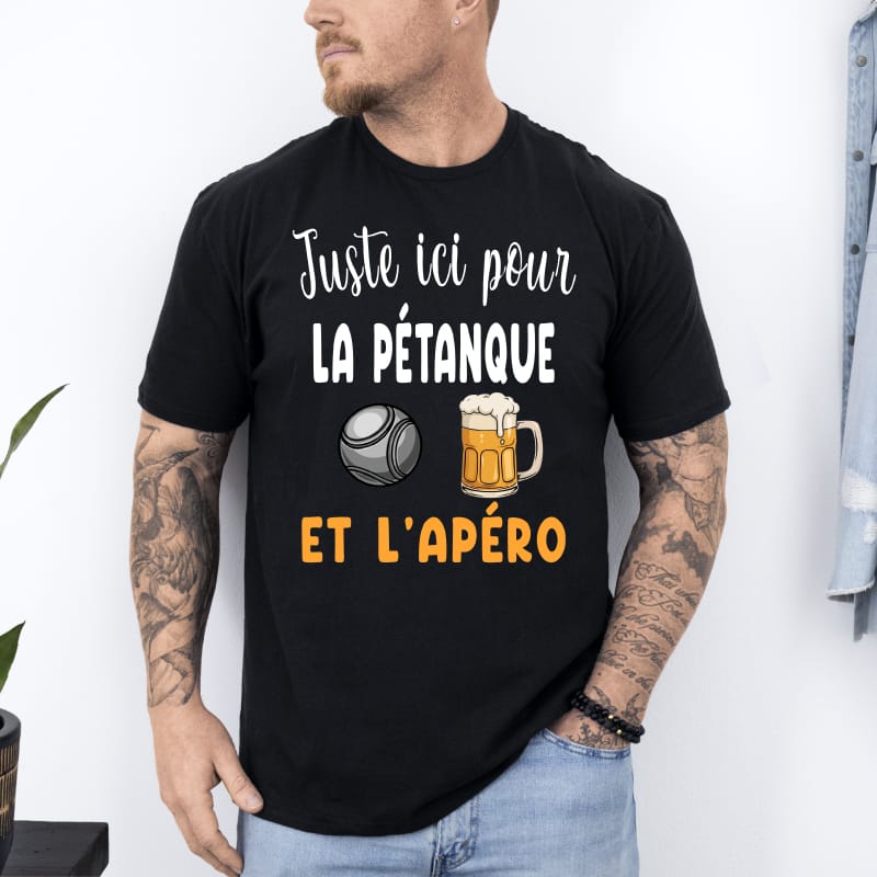 T shirt juste ici pour pétanque et apéro noir T shirt juste ici pour pétanque et apéro noir