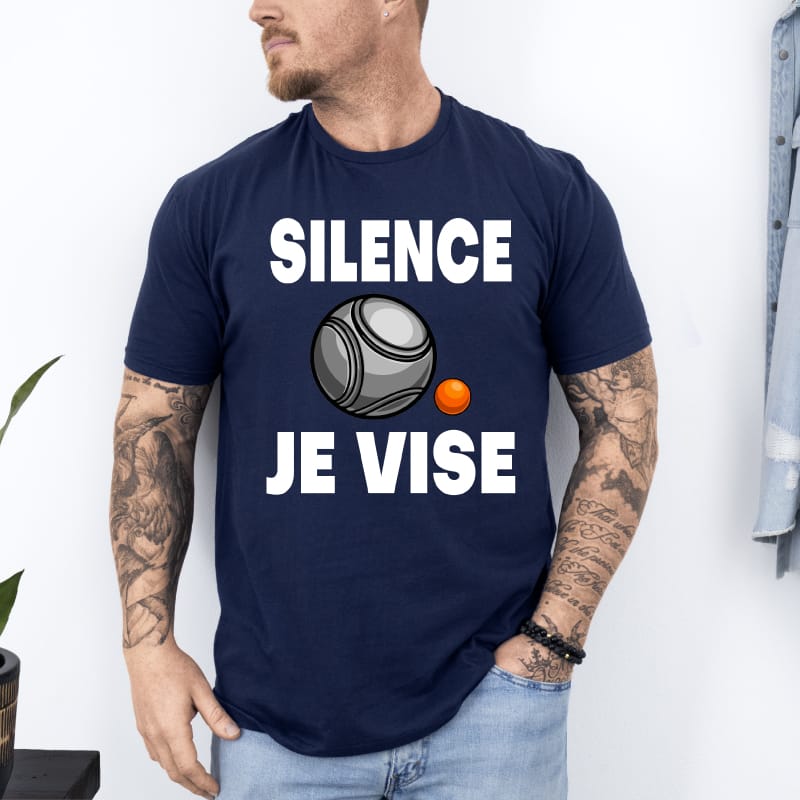 T shirt pétanque silence je vise bleu marine