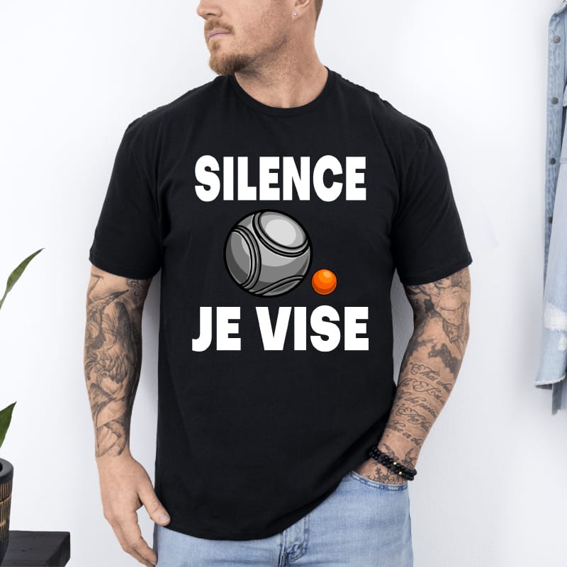 T shirt pétanque silence je vise noir T shirt pétanque silence je vise noir