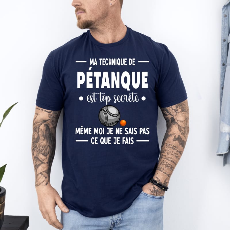 T shirt technique pétanque secrète humour bleu marine